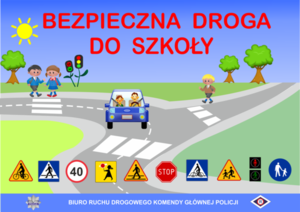 Kolorowa grafika komputerowa dla dzieci, zwracająca uwagę na bezpieczeństwo na drodze.