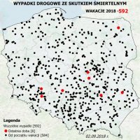 Mapa wypadków śmiertelnych w Polsce podczas wakacji 2018