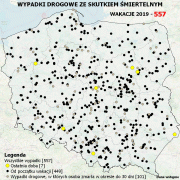 mapa wypadków śmiertelnych na terenie całej Polski podczas wakacji 2019
