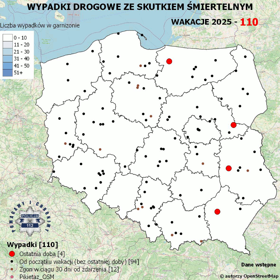 Mapa prezentująca liczbę wypadków poprzedniej doby w Polsce. Prezentowane dane są dostępne w tekście poniżej.