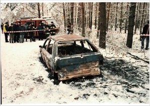 Zdjęcie wraku spalonego pojazdu.