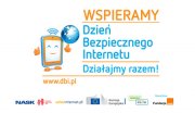 Napis Wspieramy Dzień Bezpiecznego Internetu. Działajmy Razem! Adres strony internetowej www.dbi.pl, smartfon, logo wifi, kula ziemska.