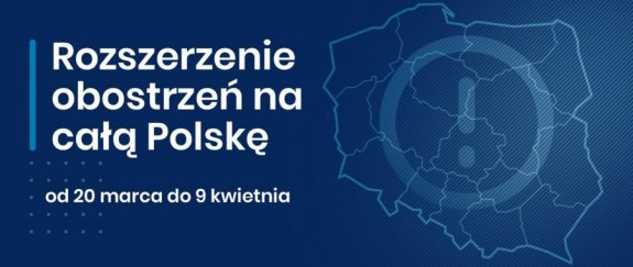 biały napis na niebieskim tle: rozszerzenie obostrzeń na całą Polskę