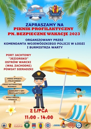 plakat promujący bezpieczne wakacje, postać kreskówkowa policjanta, palma, plaża