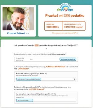 Screen ze zdjęciem Krzysztofa oraz informacją na temat odpisania podatku.