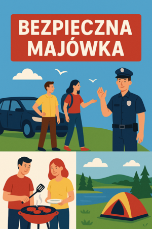 Plakat z napisem &quot;Bezpieczna majówka&quot;.