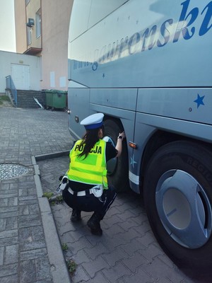 Policjantka stojąca przed autokarem, sprawdzająca stan ogumienia.
