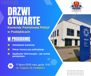 Plakat z napisem &quot;Drzwi otwarte&quot;. Na plakacie widoczny budynek Komendy.