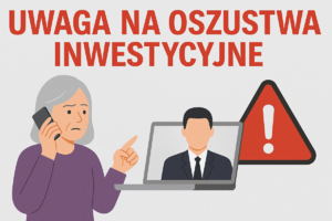 Grafika z napisem uwaga na oszustwa inwestycyjne.
