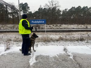 Policjanci w kamizelkach odblaskowych przy torach.