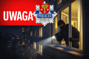 Plakat z napisem uwaga, obok logo komendy, na zdjęciu złodziej z latarką w mieszkaniu.