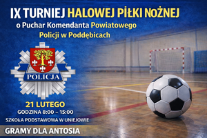 Plakat- piłka, w tle bramka.