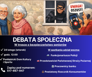 Plakat z napisem debata społeczna, wizerunek seniorów.