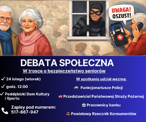 Plakat z napisem debata społeczna, wizerunek seniorów.