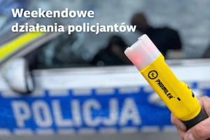 Plakat z napisem "Weekendowe działania policjantów", w tle radiowóz i urządzenie do pomiaru stanu trzeźwości.