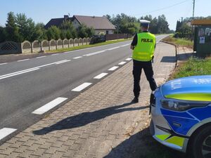 Policjant przy drodze, obok radiowóz.