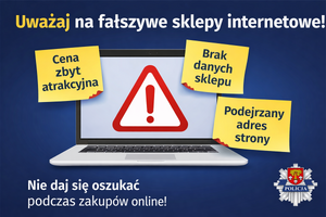 Plakat z napisem uważaj na fałszywe sklepy internetowe.